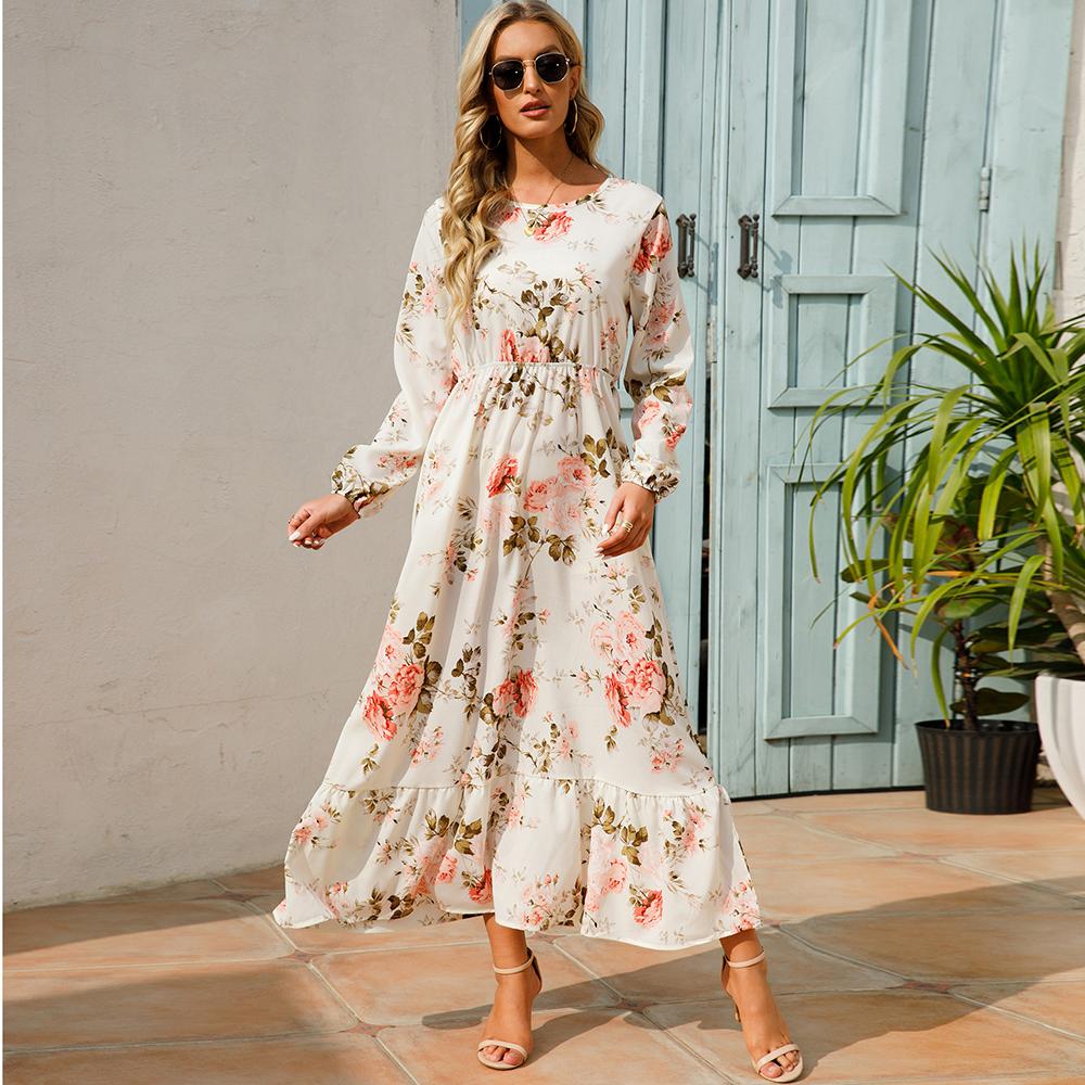 Women's Maxi Dresses Sping Autumn Bohemian Casual Full Sleeve High Waist Beach Woman Chiffon Dresses Floral Vestidoes Long Dress
