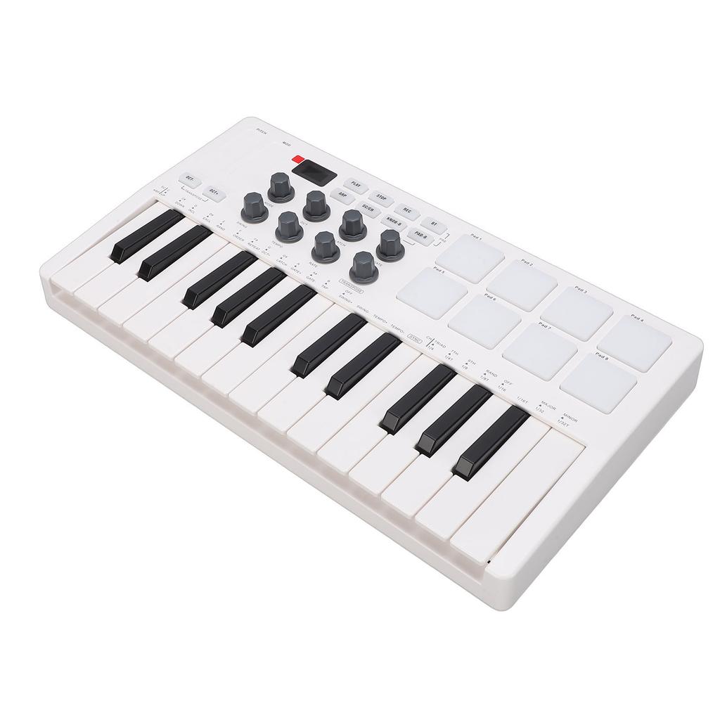 25 Key MIDI Keyboard Controller   with 8 Backlit   Pads 8 Knobs Portable for Computer Recording Music Production White
