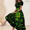 Women Plus Size Round Neck Short Sleeve Clover Printed Dark Green A Line Long Dress