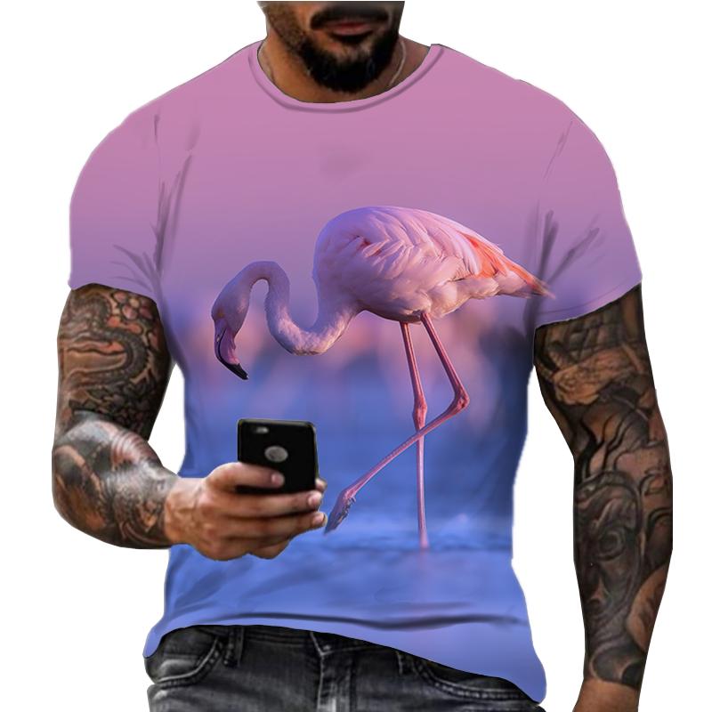 Summer New Flamingo 3D Digital Printed Top Short Sleeve Popular Trend American Fitness Round Neck Loose Men's T-shirt