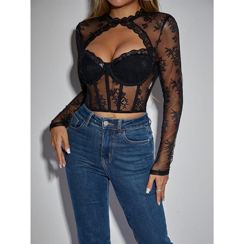 Sexy Lace Hollow Out Long Sleeve Fitted Top With Flower Pattern A1299