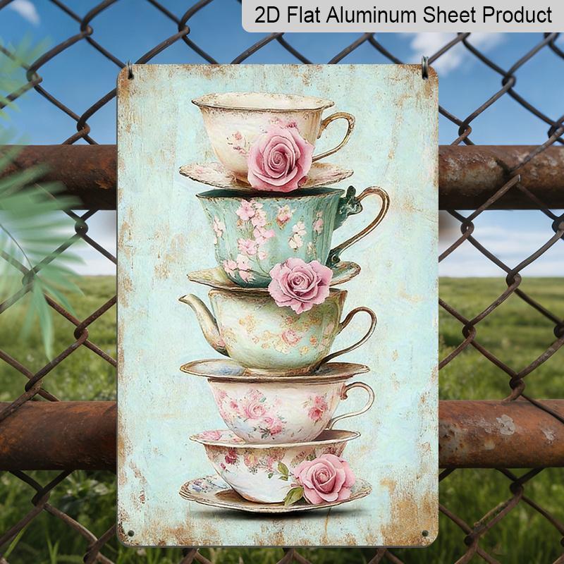 

2D Flat, 1pc Vintage Tea Party Metal Wall Art Sign - 8x12 Inch Aluminum Floral Teacups & Roses Design, Rustic Distressed Edges, Pre-Drilled Holes for 20*30cm
