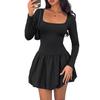Black Peplum Mini Dress 2026 Fall Winter Womens Fitted Long Sleeve Square Neck Cut-Out Detail Casual