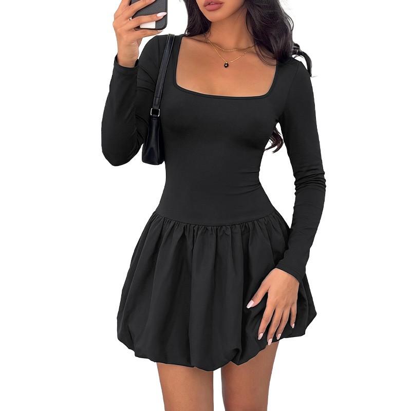 Black Peplum Mini Dress 2026 Fall Winter Womens Fitted Long Sleeve Square Neck Cut-Out Detail Casual