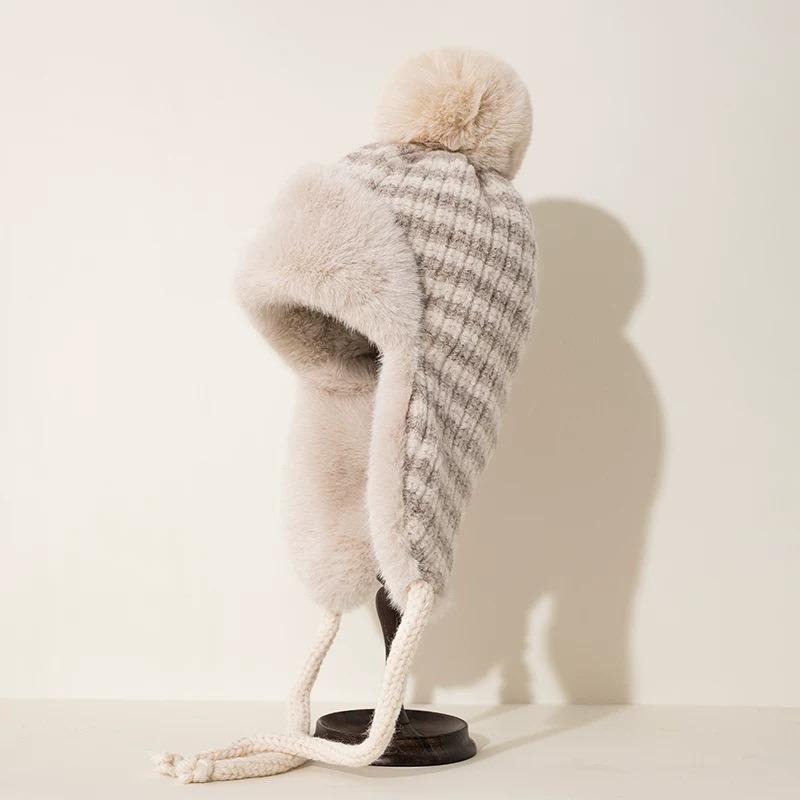 

Зимняя вязаная шапка-бини на флисовой подкладке с ушками для женщин, утолщенная, в полоску, милая, теплая шапка для велоспорта, ветрозащитная, шерстяная вязаная шапка-бини кофейный