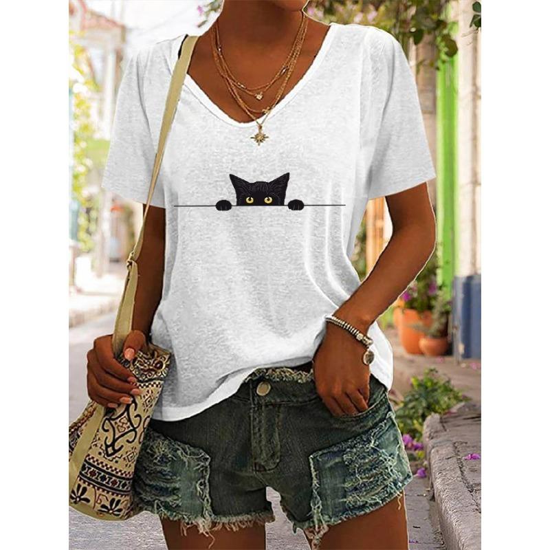 Chic Women s V Neck Vest  Cat Print T Shirt Summer Short Sleeve Casual Tops  Tees L