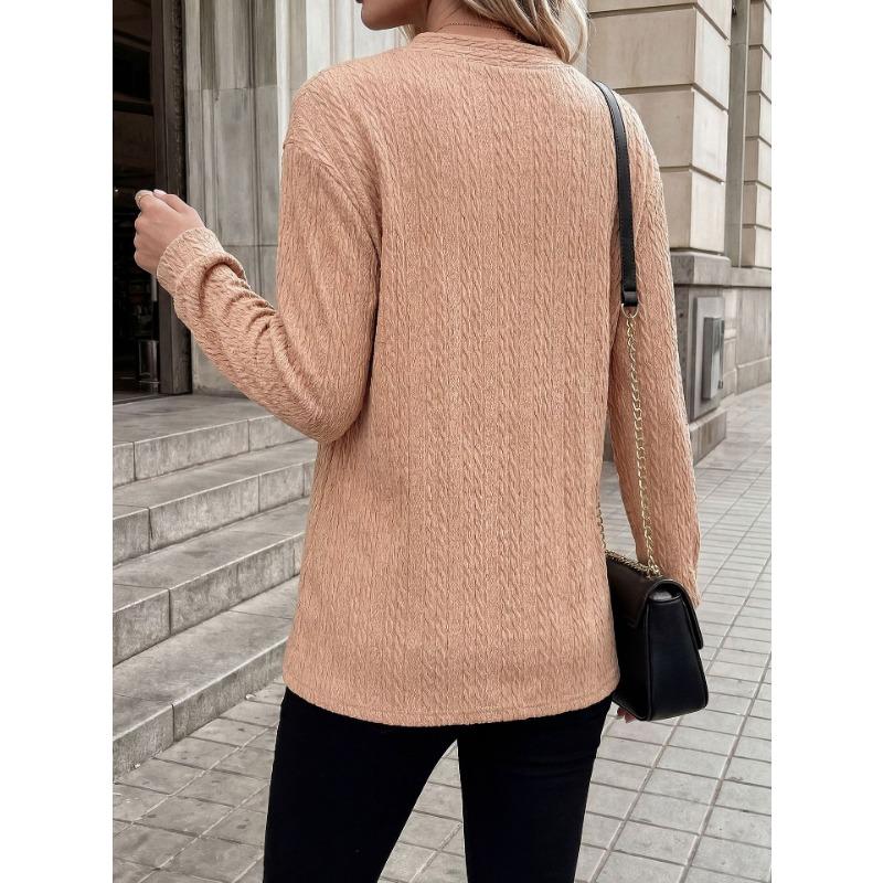 Women Solid Color V Neck Button Decoration Loose Long Sleeve Casual T Shirt Top