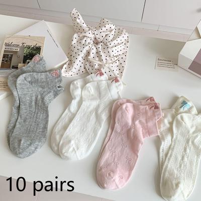 10 Pairs Bowknot Socks Women's Summer Thin Short Socks Korean Japanese Style Cute Mesh Breathable White Summer Boat Socks
