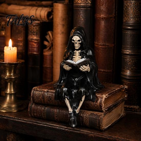 Statua Gotica Compatta Figura Oscura Fantasy che Legge Scultura Figura Incappucciata Misteriosa Ornamento per Libreria Resina Falciatore Seduto per Libreria, Scrivania