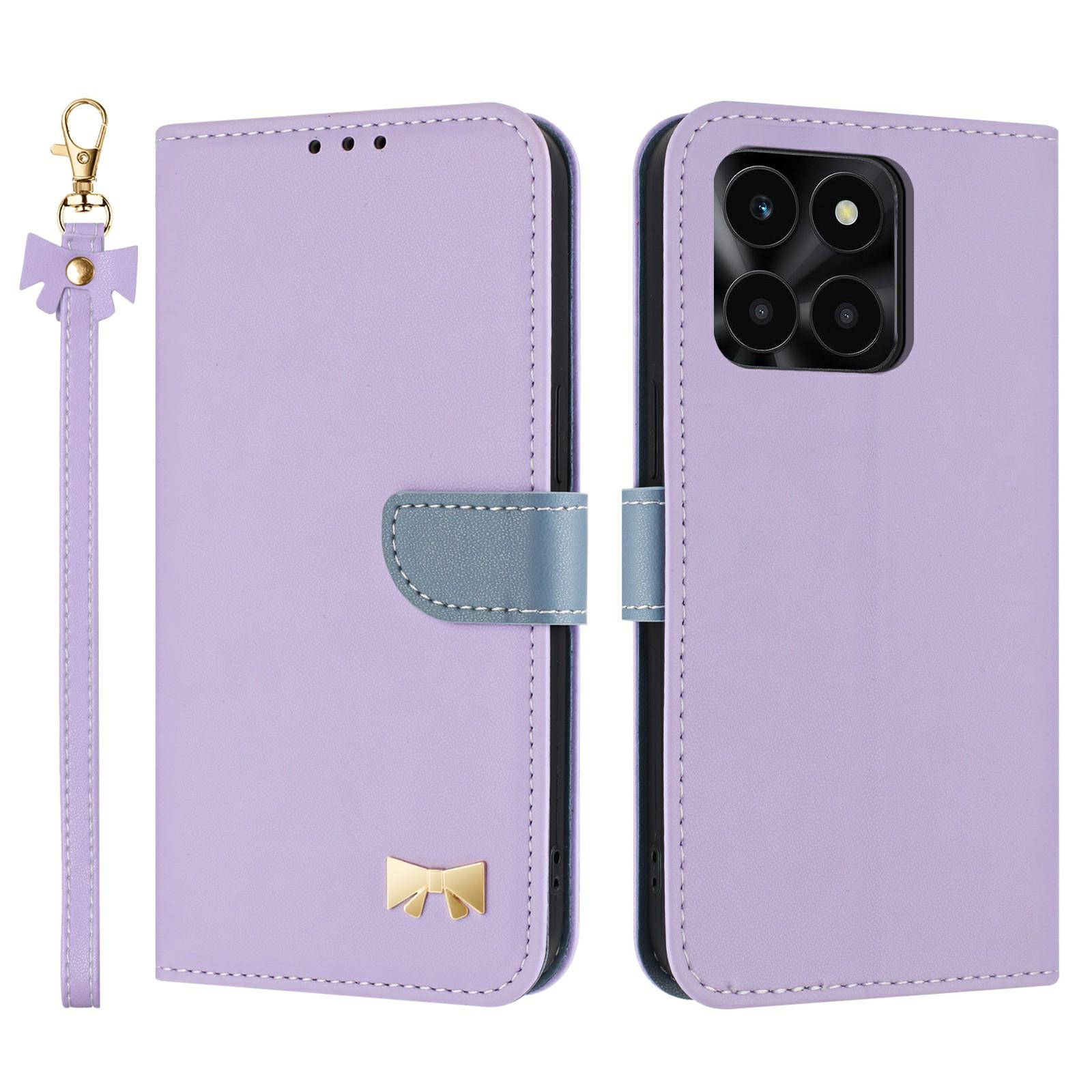 

For Honor X6c 4G Case Bowknot Decor Wallet Leather Phone Cover with Wrist Strap Purple
