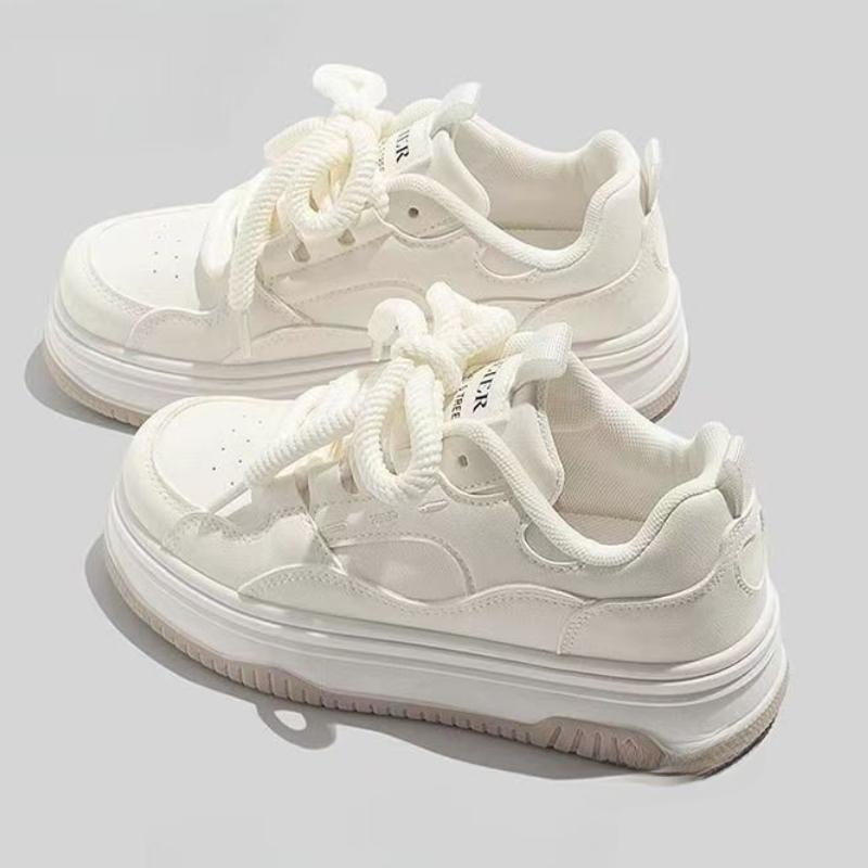 Round-toe Lace-up Casual White Thick-soled Vulcanized Shoes Seasonal New Comfortable Flat-soled Fashion Sneakers