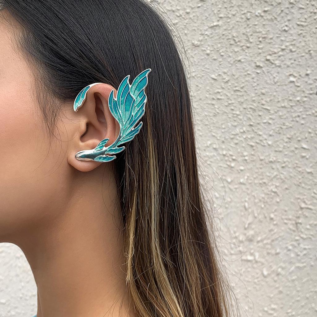 Elf Ear Cuff Earrings Gradient Blue Pierced Ear Wrap Studs Unique Gold-fish Shape Design Fashionable Jewelry for Girls