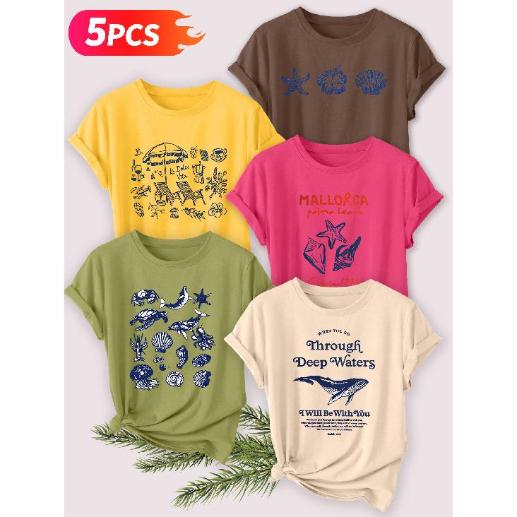 Five-piece set Elegant short-sleeved shirt for women Beach vacation series printed round-neck women's short-sleeve shirt suitable for spring and
