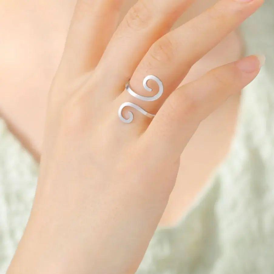 Teamer Wide Stainless Steel Ring Aesthetic Geometric Spiral Open Adjustable Finger Ring Women Minimalist Jewelry Birthday Gifts