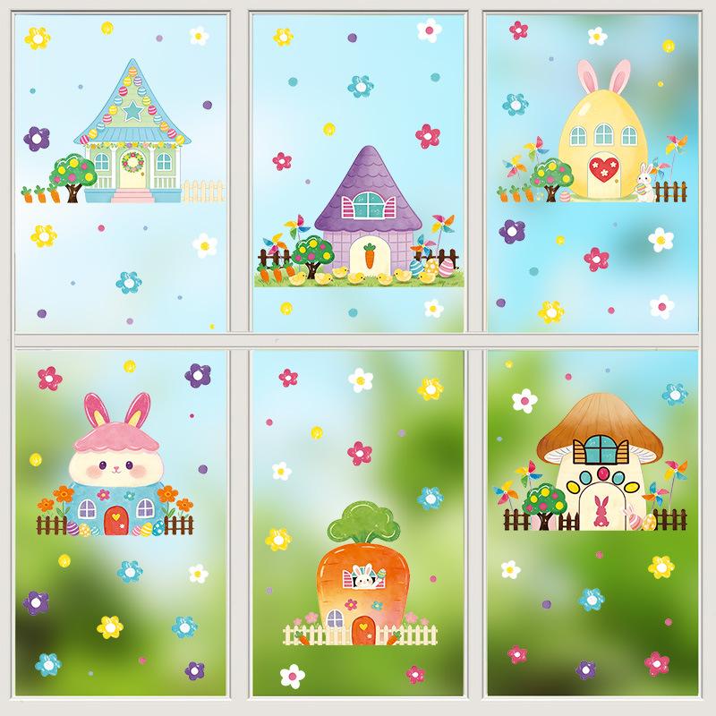 Easter Bunny House Wall Sticker, Kids Room Decor, Flower Window Decal, Self-Adhesive Home Decoration