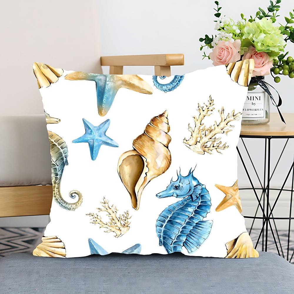 Seahorse Whale Starfish Turtle Blue Ocean Pillow Case Cushion Cover Polyester Decorative Sofa Cushion Pillowcase Home Decor