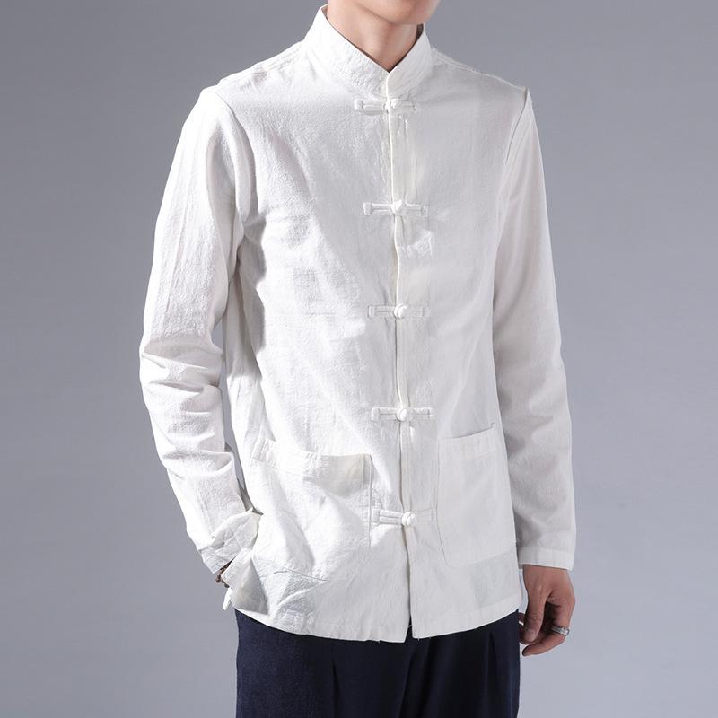 

Men s Long Sleeve Retro Tang Suit Hanfu Shirt - Stand-up Collar, White Casual Top 4XL білий