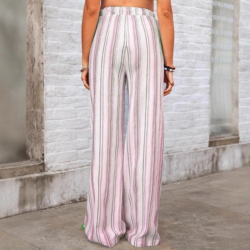 2025 Summer and Autumn Women's New Style Loose Striped Printed Casual Trousers for Women Versatile Elastic Band Pants