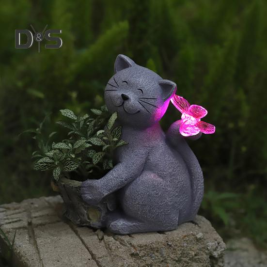 Solar Garden Blomsterpotte Kattestatue med LED-sommerfugl Vanntett Plantekrukke Kattunge Resin Figur Skulptur Utendørs veranda Hage Plendekorasjon