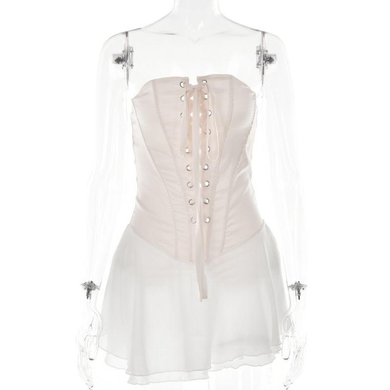 

Fashion Style Ins New Arrival Fashion Sexy off-Neck Tube Top Lotus Leaf Skirt Sexy Open Back Tied Dress Women White L