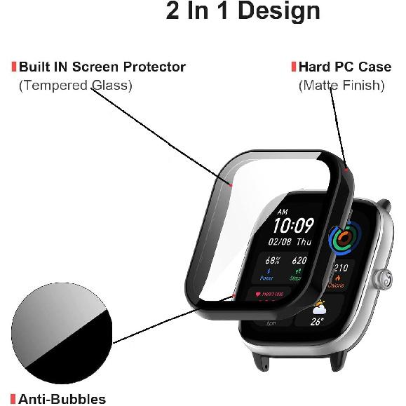 E ECSEM 2-Pack Compatible for Amazfit GTS 4 Mini Screen Protector Cover, Tempered Glass Screen + All-Round PC Matte Protector Case Set for Amazfit