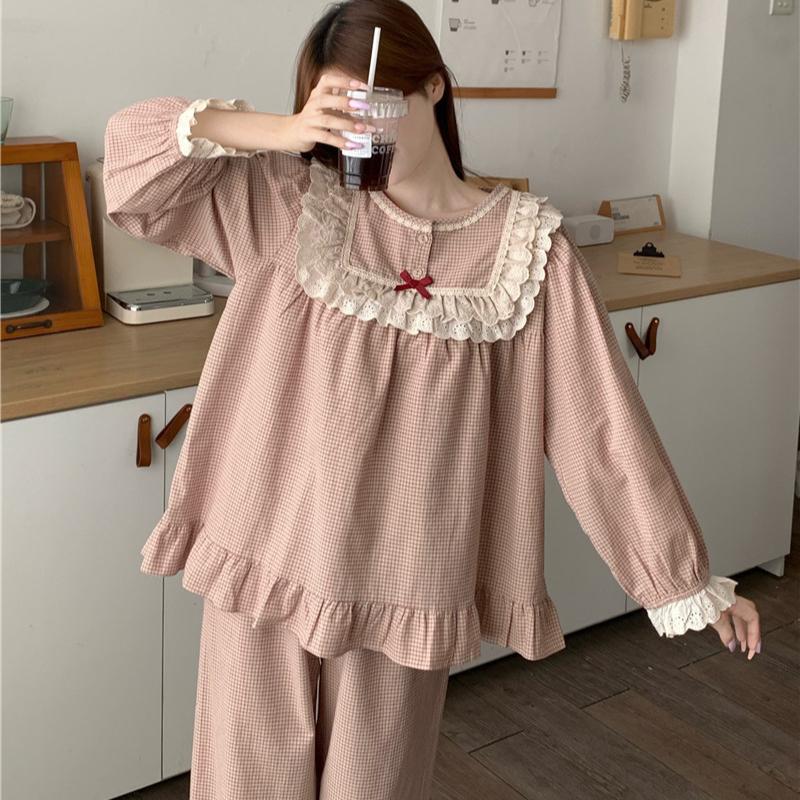 Versiunea coreeană de toamnă a palatului retro, carouri din dantelă dulce, cu mâneci lungi, pijamale pentru serviciu la domiciliu, costum femei