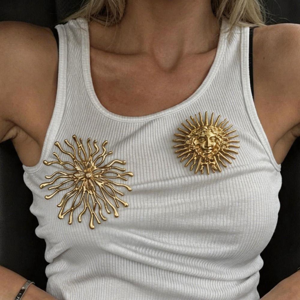 Silver Sun Goddess Brooch Gold Color Coral Brooch Exquisite Metal Geometric Pin Women