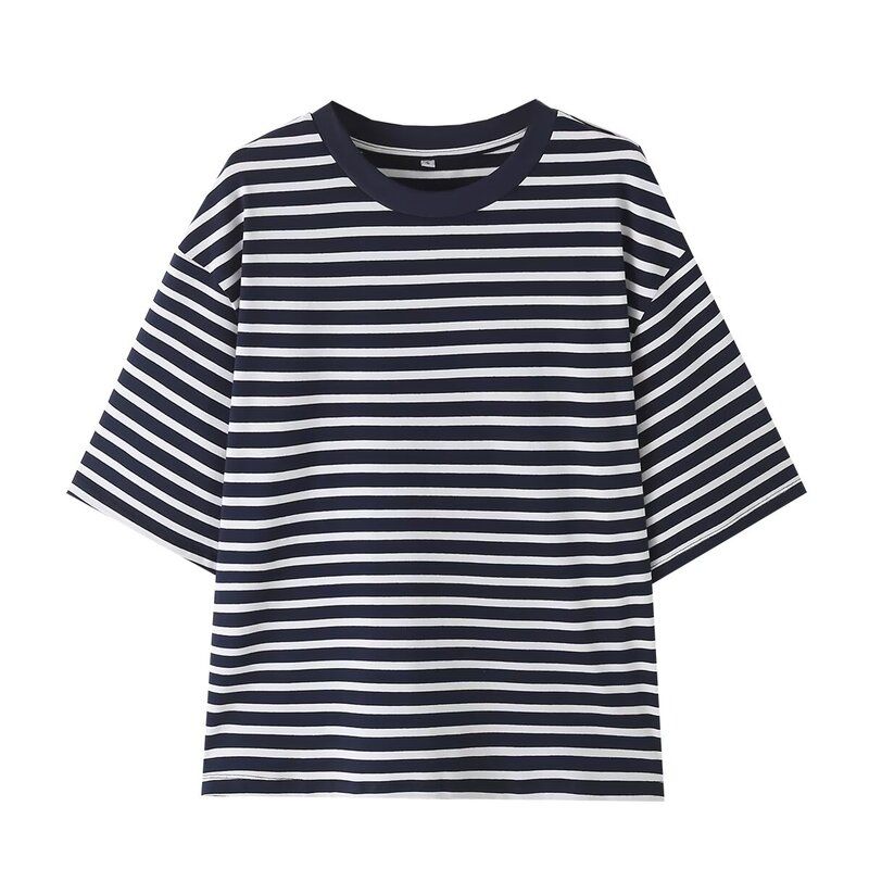 Western Style 2024 Summer New Women Clothes Casual All-matching Stripe Plus Size Short Sleeve T-shirt 5644347