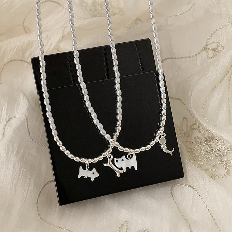 Niche Design Sense Cat Eats Fish Pendant Pearl Necklace Female Simple Personality Versatile Temperament Fashion Neck Chain Collarbone Chain