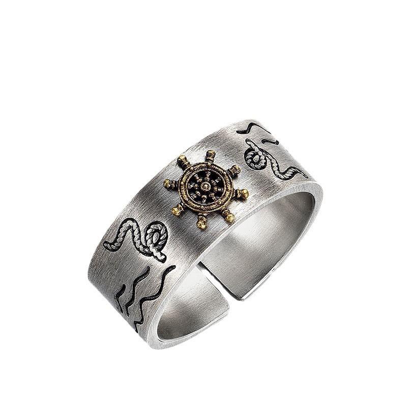 Adjustable Open Ring Men Women Vintage Nautical Anchor Design Geometric Minimalist Statement Jewelry