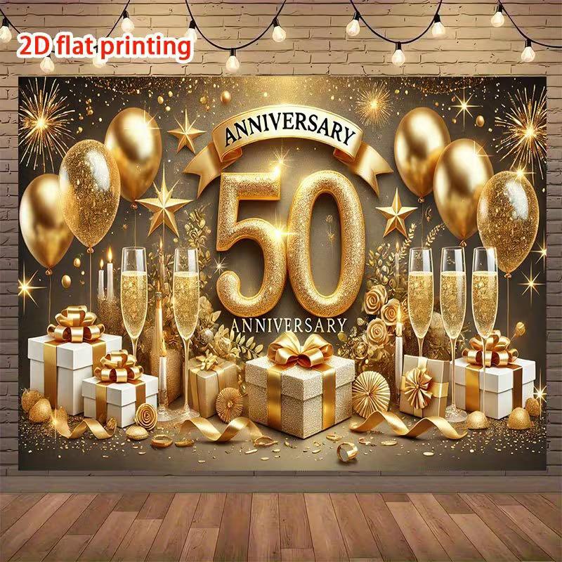 2D Golden Wedding Backdrop "Anniversary" Banner with Gift Boxes & Confetti Photo Booth Background