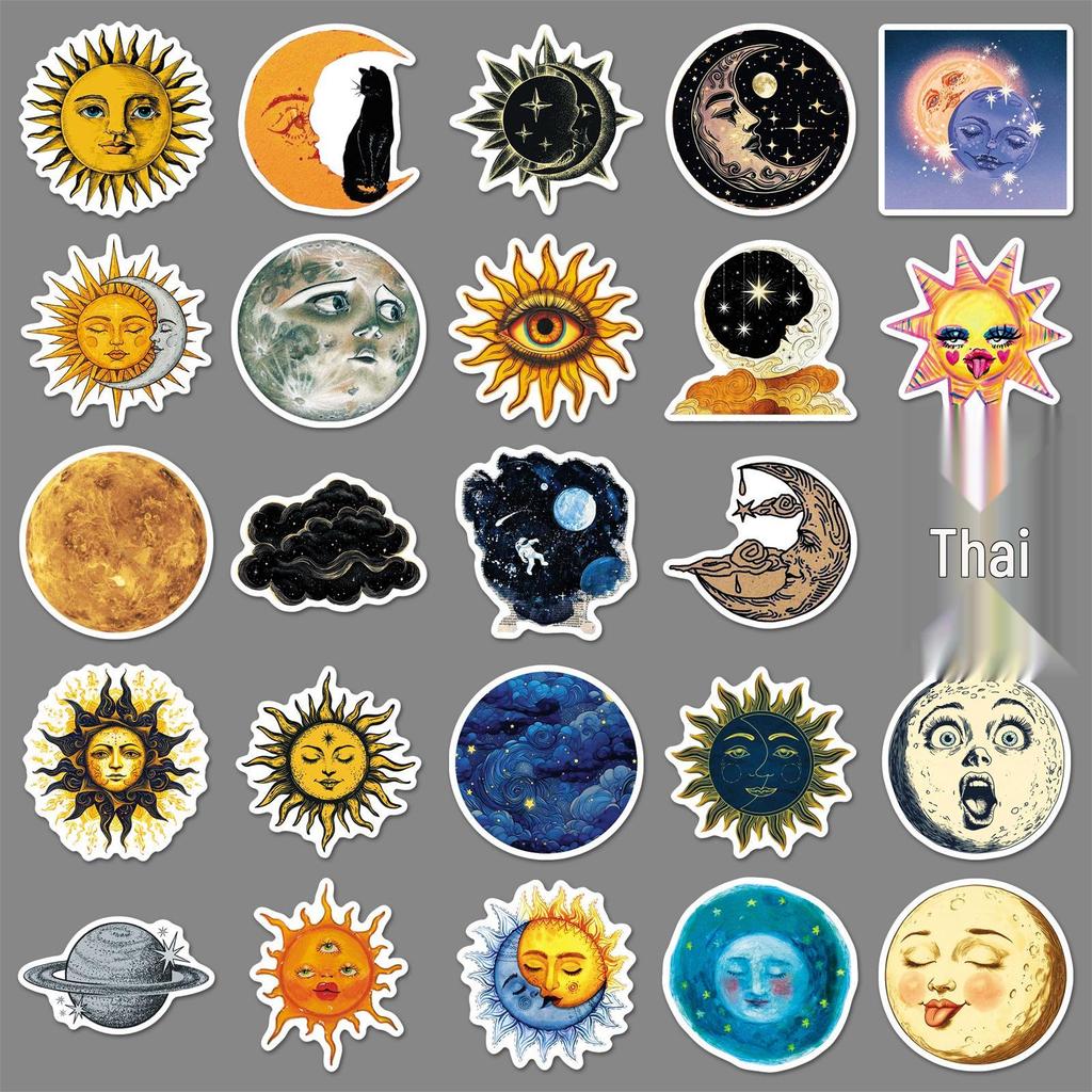 50 Retro Fantasy Sun Moon Star Cloud Stickers - Waterproof Cartoon Decor for Car, Tablet, Helmet