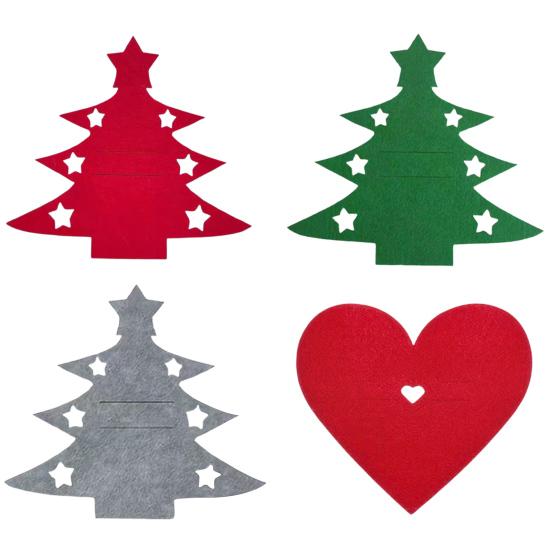 Christmas Cutlery Holder Bag Tree/Heart Shaped Knife Folk Tableware Holder Pockets Felt Dinner Flatware Covers for Christmas Party Dinner Table Decor
