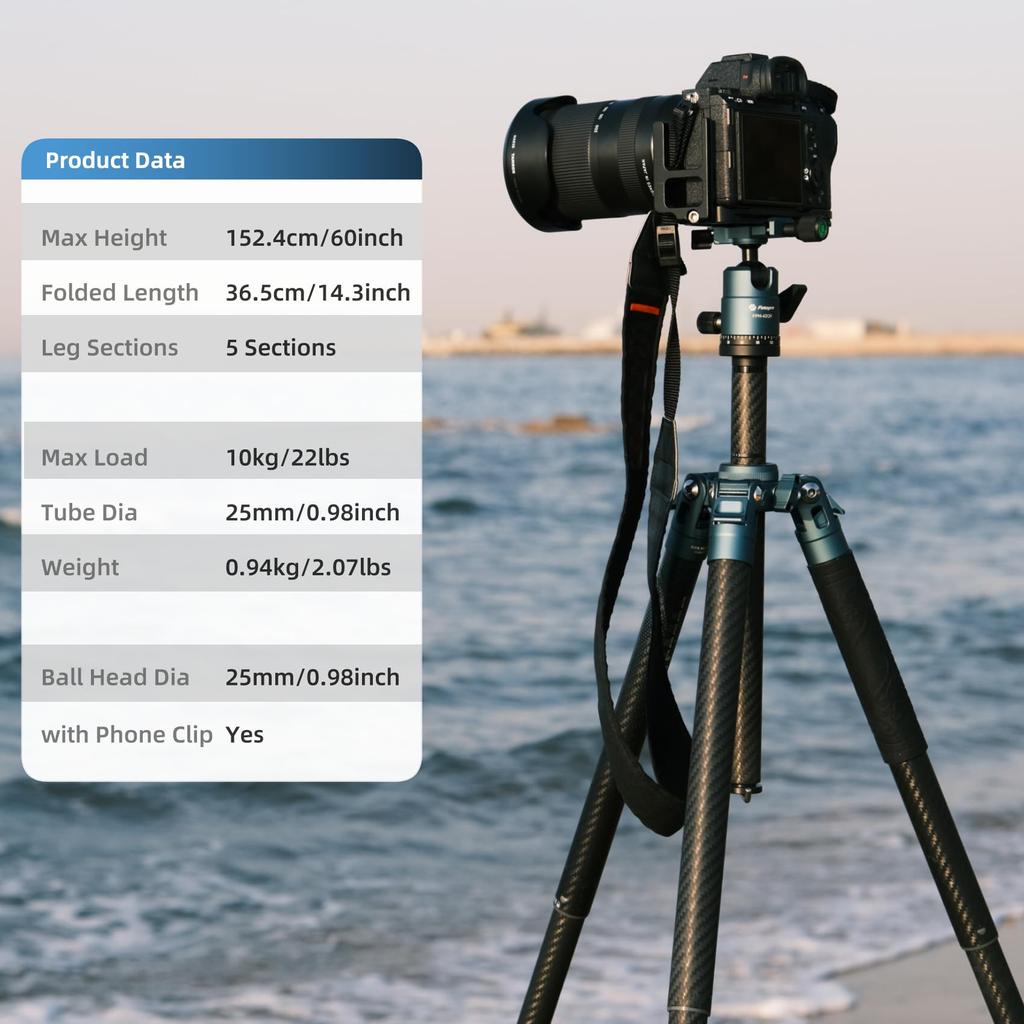 Fotopro 152CM Carbon Fiber Tripod 360 Degree Ball Head Lightweight Camera Tripod with Quick Release Plate Travel Tripod Folding Height Only 36CM Max