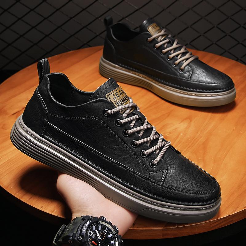 Men'S Leather Casual Sports Shoes Spring Newest Fashion Comfortable Wear-Resistant Shoes Outdoor Solid Color Lightweight Flat Shoes