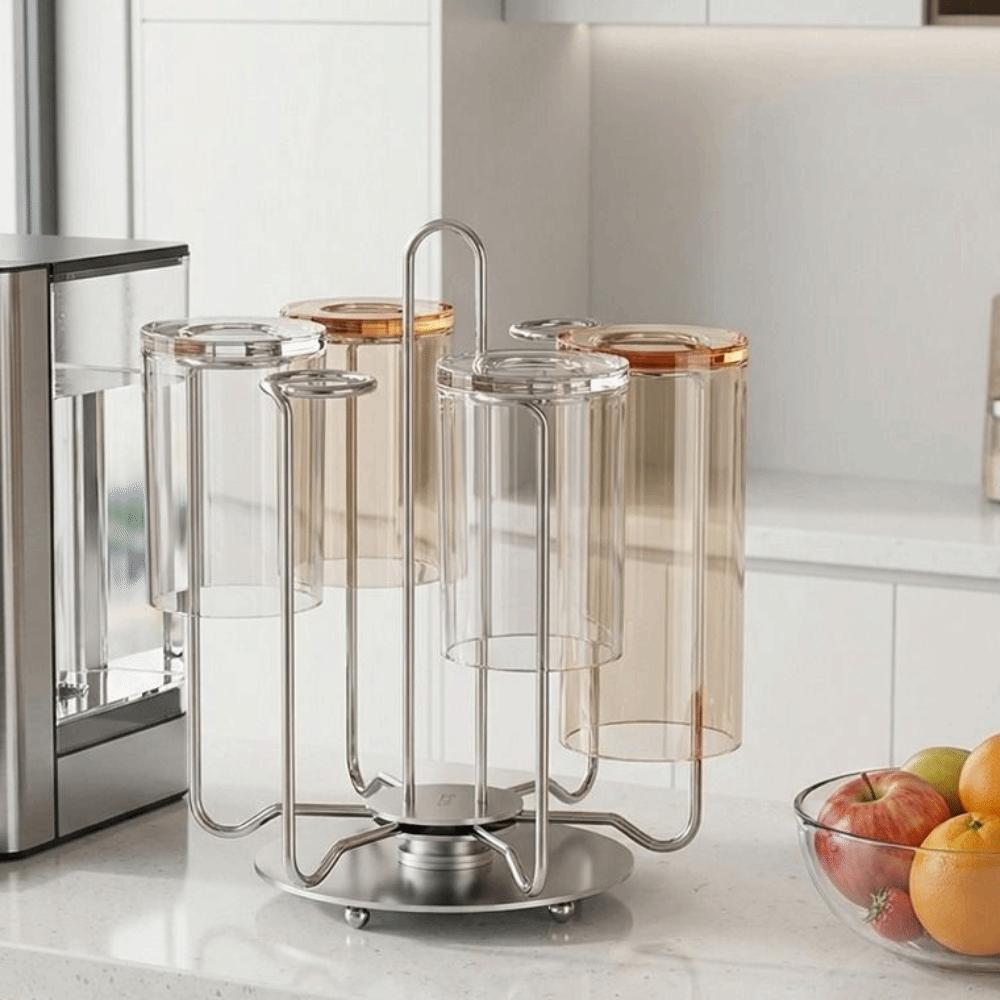 Stainless Steel Rotating Cup Holder Large Capacity Upside-Down Cup Drying Rack with Tray Saving Space Tea Cup Storage Shelf