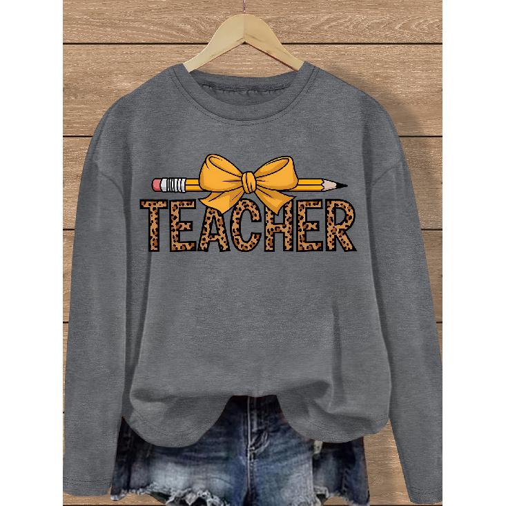 Christmas Gift: Simple and Clear Lines, English Letter Pencil Print with Bow Pattern, Fashionable and Elegant Women's Casual Sports-style Top for