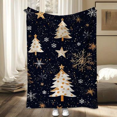 Black and Gold Christmas Tree Snowflake Blanket Polyester Fabric Machine Washable Suitable for Bedrooms and Living Room Sofas