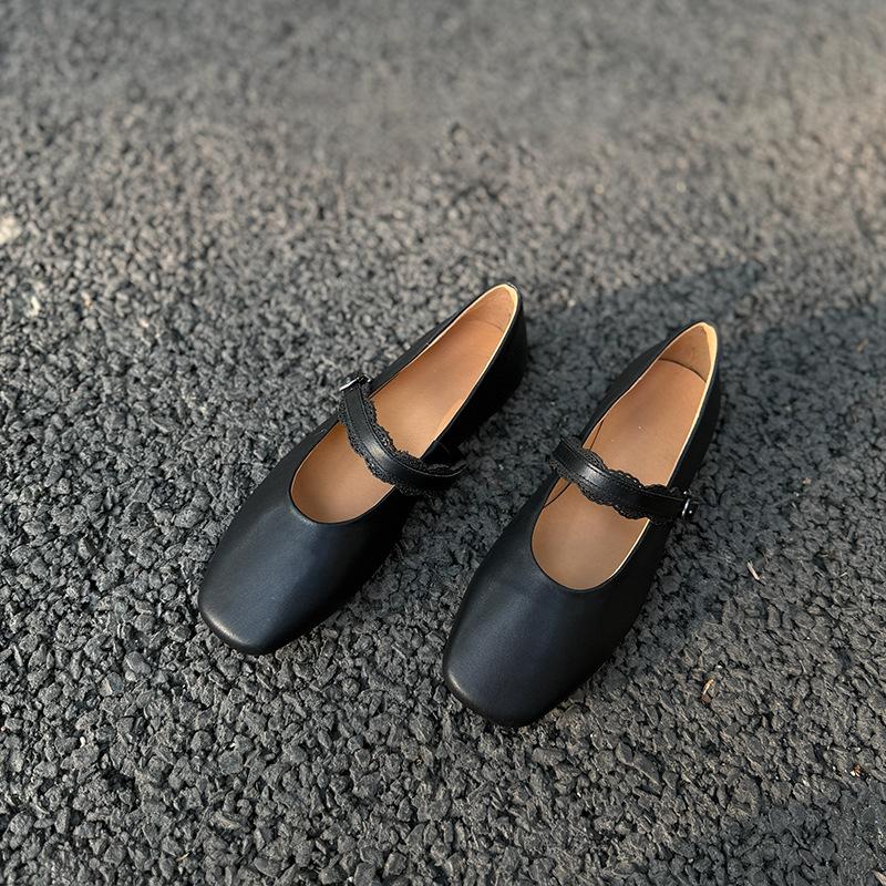 Johnature Genuine Leather Buckle Strap Women's Flats Shoes Retro Square Toe Soft Soles Solid Color Shoes