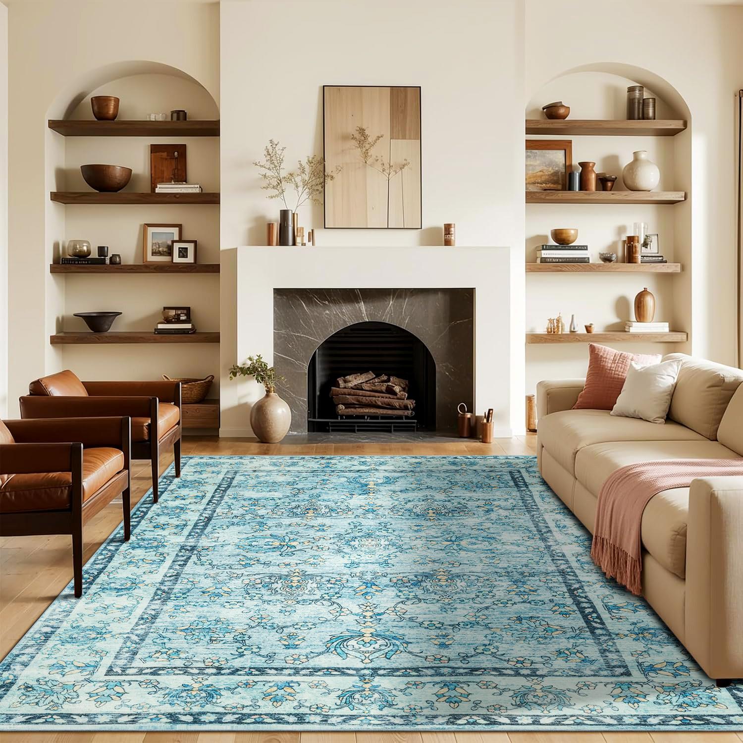 

Ковры для гостиной, винтажный ковер, пригодный для машинной стирки, нескользящие коврики с низким ворсом и резиновой основой, пригодные для стирки 122x183cm синий