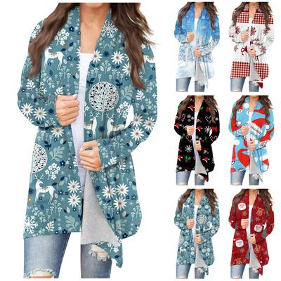 Damenmode, lässig, Weihnachtsdruck, mittellanger Cardigan-Jackenmantel