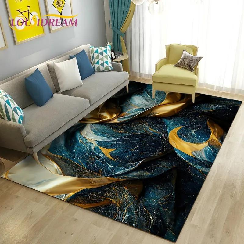 Nordic Marble Texture Goldren Cyan Area Rug Large,Carpet Rug for Living Room Bedroom Sofa Doormat Decor,Kid Non-slip Floor Mat