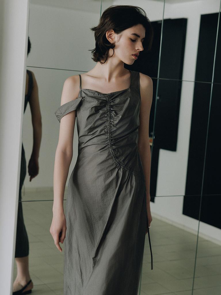 LOEUVRE Asymmetric Shirring Slip Dress Sw6Mo722_2Color