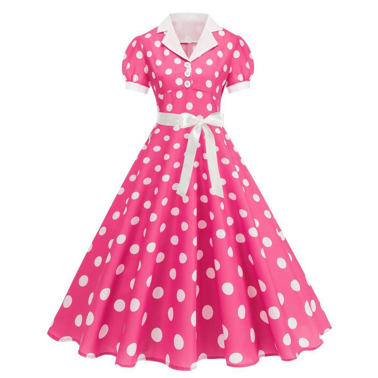 

Women s Polka Dot Shirt V Collar French Retro Dress L рожевий