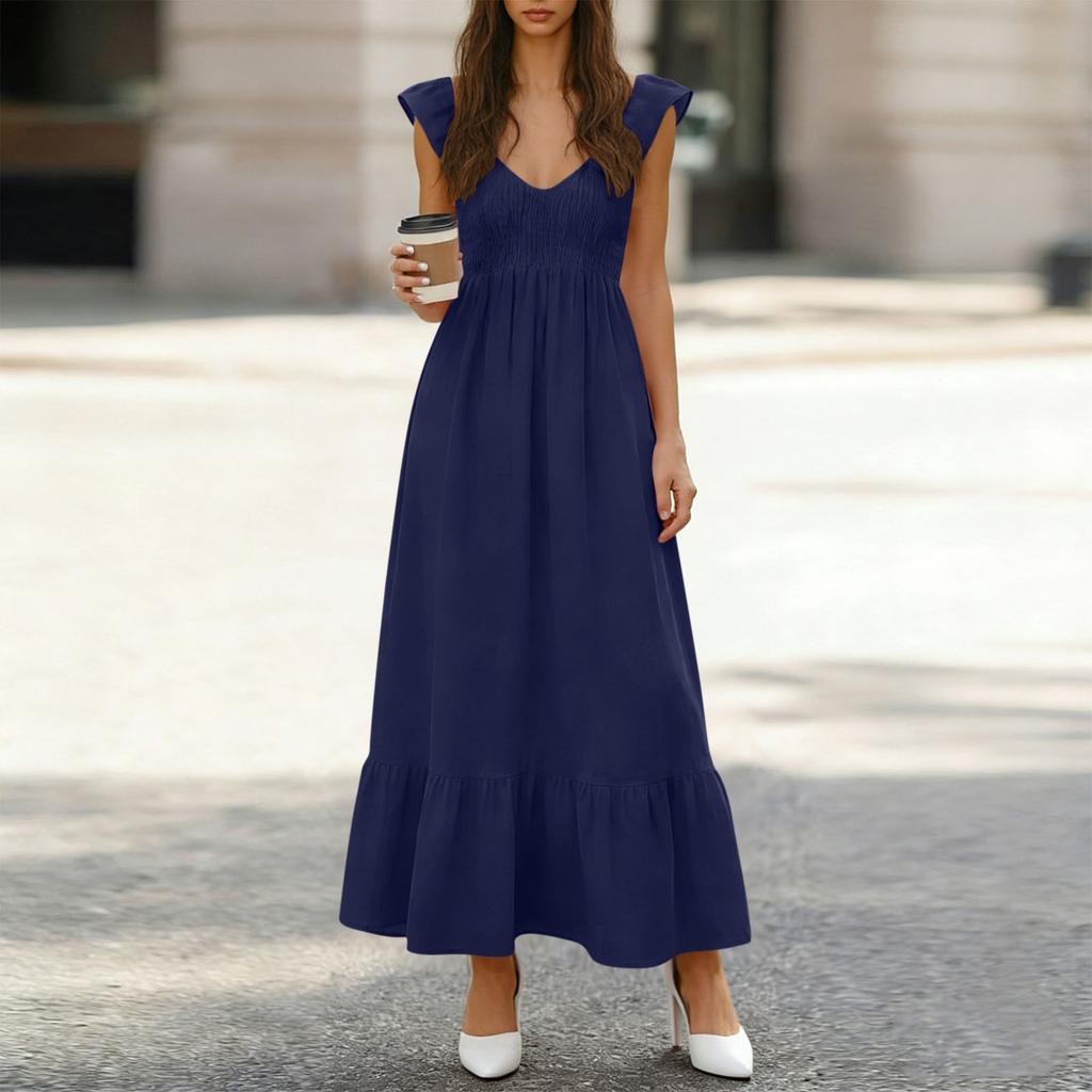 Women's Fashionable V-neck Casual Loose High Waisted Color Ruffle Sleeveless Pleated Long Dresses