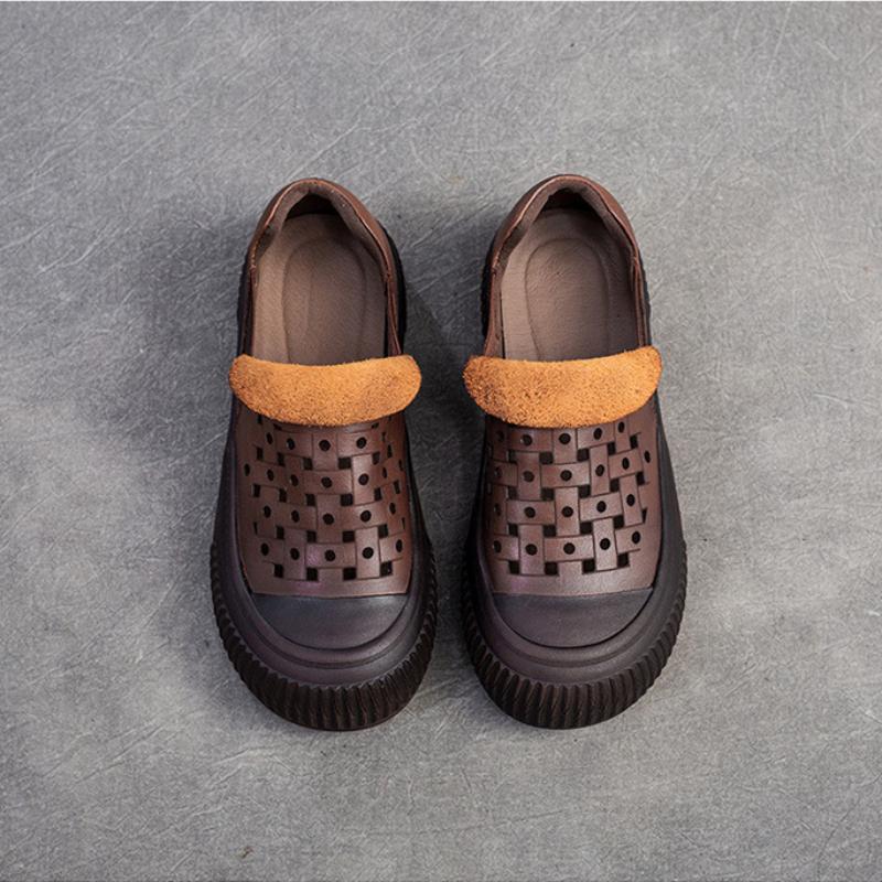 Johnature Simple Breathable Hollow-out Shoes Retro Genuine Leather Thick Sole Women's Flat Platform Shoes