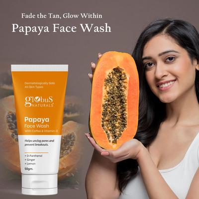 Globus Naturals Papaya Face Wash with Coffee & Vitamin-E, Helps Unclog Pores and Reduces Breakouts, Suitable for All Skin Types, 50gm