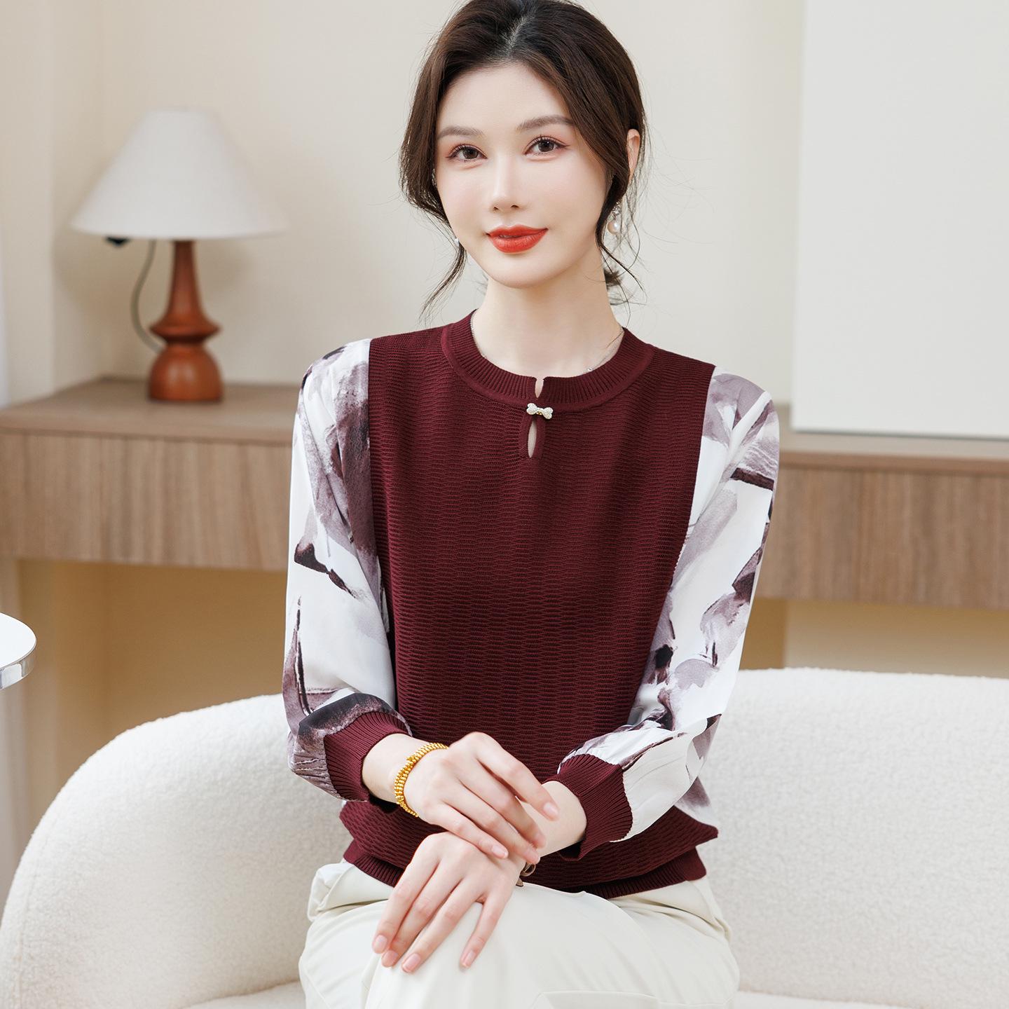 

2026 Stylish Spring Knit Top for Middle-Aged & Elderly Women with Printed Gauze Sleeves L [Under 110 lbs]
