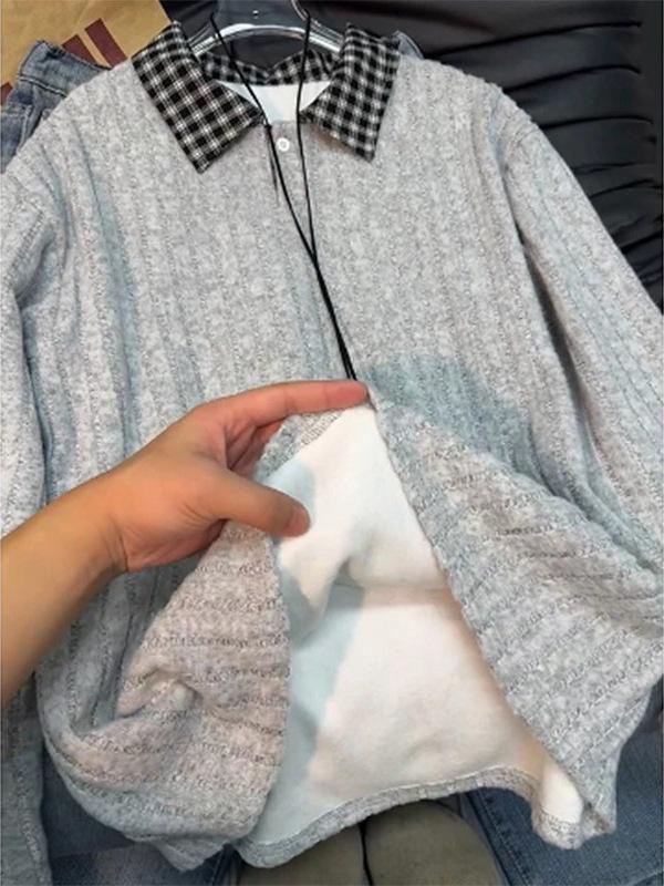 Unisex Plaid Patchwork Faux Two-Piece Long-Sleeve Polo with Velvet Knit Hoodie and Sleek Inner Layer.