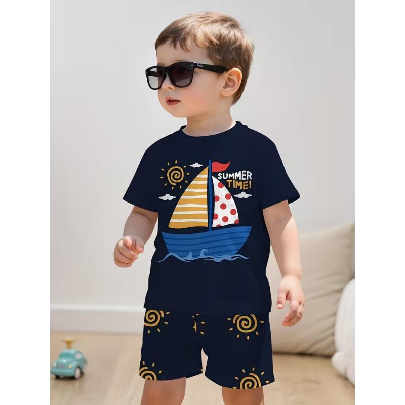 Set de 2 piese pentru copii, de vară, casual, sport, la modă, cu imprimeu model 3D, tricou cu gât rotund și pantaloni scurți